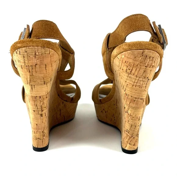 Bebe Brown Suede Open Toe Cork Wedges